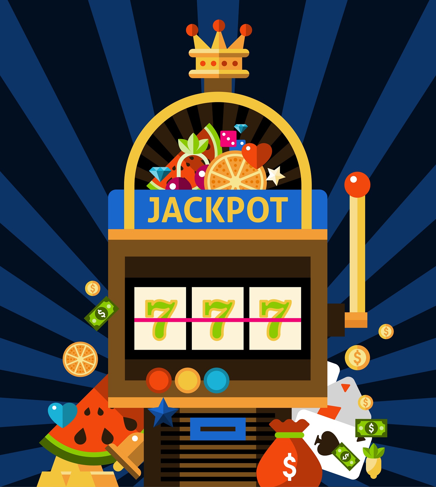 Slot machine surrounded with money bag, playing cards, gold, coins and bills labeled with Jackpot at the top of it